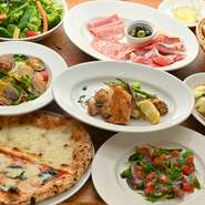 ・生ハムとサラミの盛り合わせ
・ガーリックトースト
・本日の冷菜
・本日の温菜 
・サラダ
・本日のピッツァ
・本日のパスタ
・本日の肉料理
・本日のデザート
・コーヒー or 紅茶