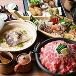 市場直送の舟盛りや豚陶板味噌焼き、名物土鍋鯛めしなど、肉・魚・米を味わい尽くすうおまんの絶品コース。