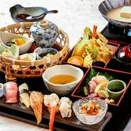 接待やご家族、ご友人との集まりに。
職人が丹精込めた「お寿司と御造里、天婦羅、豆乳出汁の美人豆富」をお楽しみ下さい。