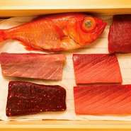 長年懇意にしている豊洲の仲卸から「はしり」などのさまざまな鮮魚が仕入れられています。鮪は専門業者から仕入れる極上の本鮪。素材を見極め、その時その鮮魚に合わせた食べ方で提供してくれます。