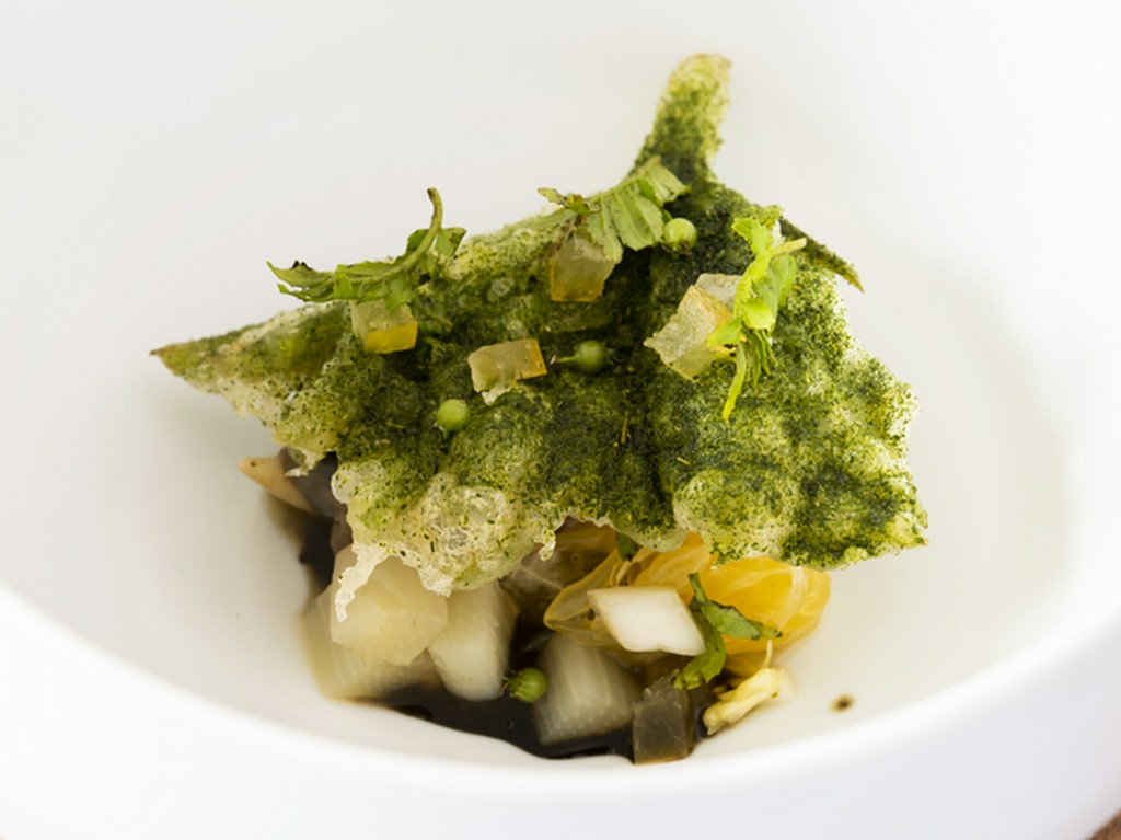 『河内晩柑　サザエ　花ズッキーニ　独活　コリアンダー、山椒』