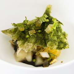 『河内晩柑　サザエ　花ズッキーニ　独活　コリアンダー、山椒』