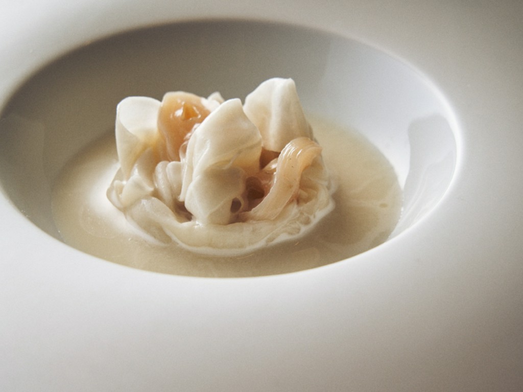 『ブラン（白）』をテーマに、ミル貝とカブの昆布〆、そして炒ったお米のピュレでまとめたモードな冷製前菜