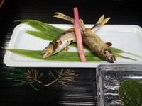 先付け　絵の具皿に季節盛り
蒸し物　銀杏、鰻の玉むし
刺身　横輪と槍いか　旬のもの
焼き物　鮎の炭火焼き
揚げ物　エビと小芋納豆入り
ごはん替わり　名物鯖寿司
水物　マンゴー氷