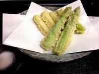 季節の一品料理、広島県三次市岡本農園より直送の甘味たっぷりのアスパラの天ぷら