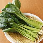 地元が名産の新鮮な「小松菜」を、1年を通してつかっています。主役ではないものの、さまざまな料理の名脇役として活躍してくれています。中華料理によく合う、こだわりの食材です。