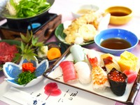 日替わりお寿司７貫、牛しゃぶしゃぶ、天ぷら、あさり味噌汁、コーヒー
