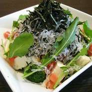 彩りに野菜に豆腐と海苔をのせ！　決め手は胡麻ドレッシングで健康的に！