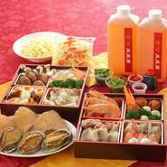 セット内容
鮑・フカヒレ姿煮・有頭海老・帆立貝柱・蟹爪・フグ・野菜の盛り合わせ（白菜・ブロッコリー・人参）木耳・キノコ類・タケノコ・春雨・うずら卵・里芋・鶏肉・肉団子・水餃子・チャンポン麺・出汁（特製出汁または麻辣出汁）・薬味（薬味ネギ・パクチー・クコの実・唐辛子・黒酢）