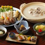 ももの塩焼と季節のお野菜・肝煮・水だき・雑炊・フルーツ