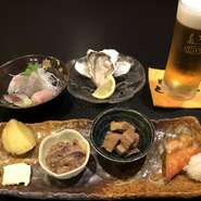 ドリンク1杯、刺身、殻カキ、おつまみ4点盛
