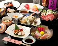 前菜・お造り・すきやき・焼物・温物・揚物・お椀・食事（寿司3カン）・デザート