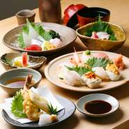 当店を知っていただけるお得なコースです・付出し・刺身5種盛り・小鉢・焼物or揚げ物・寿司8カン・赤だし