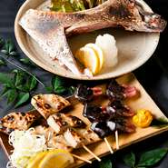 南マグロのかま焼き、鰹のへそ串、黒はんべん