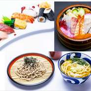 お寿司か海鮮丼と
おそばかうどん（温・冷）のセットです
