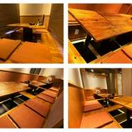 団体様も対応可能な掘り炬燵式の小上がり座敷。
和を基調とした落ち着いた雰囲気の個室です。

飲み会から接待や会食など様々な用途に◎
大衆居酒屋ほど砕けず割烹ほど気取らない当店で至福の一時をお過ごし下さい。