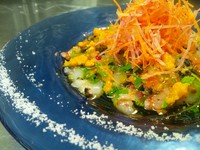 - Carpaccio di gamberetti rosa freschi con ricci e basilico alla mediterranea -