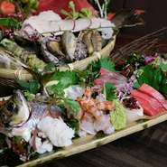 寒ブリの造り・・・・・・・・・・・・・・・&yen;660
活〆フグの薄造り（てっさ）・・・・・・・・&yen;760
鯛の松笠造り・・・・・・・・・・・・・・・&yen;660
あぶりサーモンのオニオンサラダ仕立て・・・&yen;690
本マグロの赤身とトロ 刺身２種盛合せ・・・・&yen;880
本マグロと長芋の生湯葉巻き・・・・・・・・&yen;760
イカの糸造り 雲丹和え ・・・・・・・・・・&yen;760
生カキのレモンパッチョ・・・・・・・ １ヶ &yen;330
