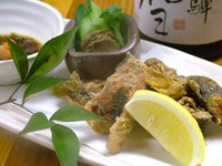 小ぶりの鮎を骨まで食べれるようカリっと揚げました、「うるか」を添えてお持ちします。