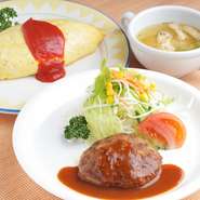 オムライス＋（1）～（4）をいずれか1品　（1）とんかつ　（2）チキンカツ　（3）ハンバーグ　（4）エビグラタン