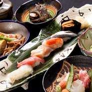 自慢の寿司はもちろん、焼き物・肉料理など幅広く楽しめるコース料理です。