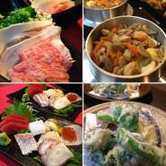 前菜・お刺身・揚物・サンゴク豚のしゃぶしゃぶ・しらすの釜炊きご飯・お吸い物・デザート・コーヒー又は紅茶
