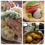 前菜　朝採り野菜のサラダ　手作りとうふ
お刺身　2点盛り
揚物　海老しんじょうの筍挟み揚げ
主菜　常陸牛の陶板焼き
釜めし　筍と常陸の輝き
　　　　香の物・お吸い物
テザート　バニラアイスと焼き芋
　　　　