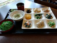 9品のおばんざいプレートと茶そば、茶めし、みそ汁、本日のデザート