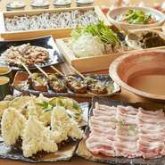 1トマトの浅漬け
2蛸のお造りわさび昆布醤油仕立て
3カリカリじゃこのトマトサラダ
4炙りさつま揚げ串
5和豚もちぶたのもずく鍋あごだし仕立てor真いかゴロの陶板焼
6キスと南瓜の天ぷら盛り合わせ
7板盛りせいろ