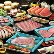 常陸牛サーロイン焼きしゃぶ、極上肉盛、炙り寿司といった豪華ラインナップに、料理長厳選の海鮮焼き付き。