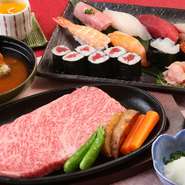 ・お寿司8貫
・飛騨牛ステーキ 100g
・蟹の味噌汁
・デザート（手作り飛騨牛乳プリン）