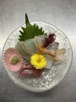 鯛、まぐろ、いか、赤えび、大根のけん、大葉、山葵、
（器は、変わります。