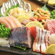 大将自ら仕入れたこだわりの新鮮な魚を、ボリューム満点の盛り合わせでどうぞ。