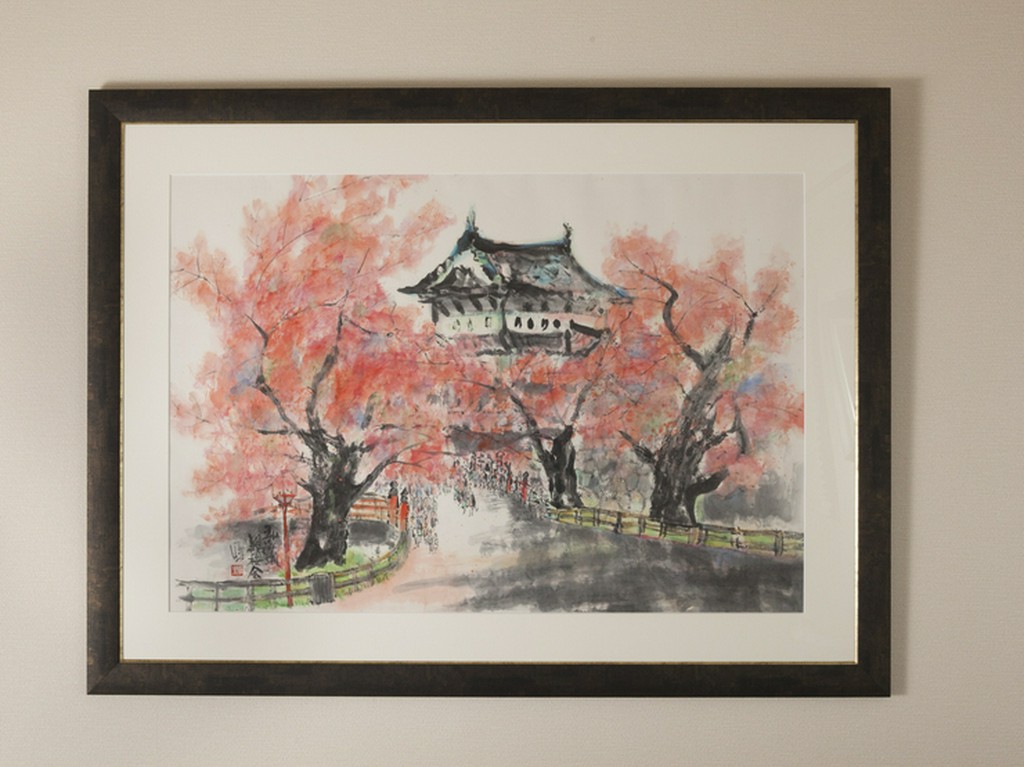 店主作の墨彩画も飾られています（弘前城と桜）