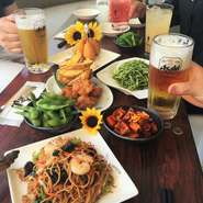 泰山でビアパーテイー！人気の豆苗の炒め、焼きそばなど盛りだくさん！キンキンに冷えた生ビールを片手に楽しい時間を。お車の方にはアサヒ・ドライゼロをご用意いたしております。