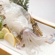 鮮度抜群のため、刺身の下に敷く「かいしき」が透き通って見えています。食べやすいよう、細かく包丁が入れてあり、噛みしめれば甘みが口の中に広がっていきます。