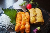 バフン雲丹とムラサキ雲丹の食べ比べができます！日本酒を口直しに二つの特徴をお楽しみ下さい。