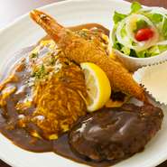 1980円

定番人気メニュー!ワンプレートに大人から子供までどなたからも愛される料理を盛込みました。

Special omelette rice
(with fried shrimp and small hamburger)