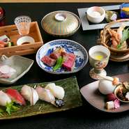 先付け、八寸、お造り、吸物(土瓶蒸し)、黒毛和牛ステーキ、煮物、揚物(天ぷら)、食事(握り寿司盛合せ)、留椀、水物
※別途サービス料10％必要