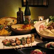 お料理とお酒が合う内容でご用意している写楽コース。
『串焼き5~6種』や『手羽の香味揚げ』など人気のメニューが堪能でき、宴会におススメ！多彩な席を完備してますので、人数に応じたご宴会をしていただけます。