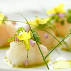 『伊勢エビとヒラメのクルード　季節のハーブとともに』