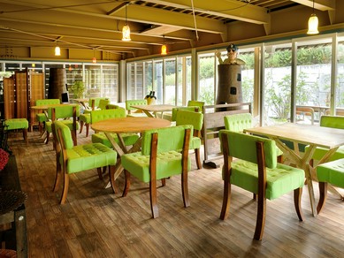 パステルグリーンの椅子が映える、解放感ある地下フロア