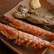 じっくり焼き上げられた新鮮な魚介に舌鼓。何が出るかはその日のお楽しみ！　気軽にスタッフに聞いてみて。