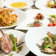 ・食前酒（ソフトドリンク変更可）
・前菜1
・前菜２
・パスタ
・お魚料理
・お肉料理
・自家製フォカッチャ
・デザート
・カフェ

