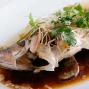活アコウを丸ごと香港風に蒸した料理です。瀬戸内の旬の味を余すところなくいただけます。