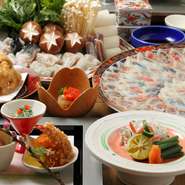 食前酒・先付・前菜・ふぐ刺し・ふぐ唐揚げ・ふぐ鍋・雑炊・香の物・デザート・お抹茶のフルコース。
※4名様より承ります