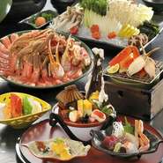 先付け、前菜、お造り、焼き蟹、蟹唐揚げ、蟹シャブ鍋、雑炊、デザート