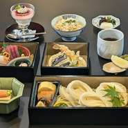 先付、お造り、氷見うどん、天ぷら、炊き込みご飯、味噌椀、香の物、お食後