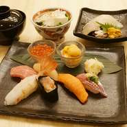 イカそうめんも寿司も両方食べたい！っていうよくばりな、そんなあなたへ・豆腐サラダ ・ミニいかそうめん ・寿司8貫(大とろ・ほたて・ぼたんえび・うに・いくら・他3貫）・岩のりの味噌汁