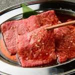 自慢のタレ焼肉3種（神戸牛カルビ、ハラミ、和牛ロース）、あかみうし3種、肉汁溢れるホルモン3種含む